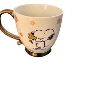Peanuts Snoopy & Woodstock Floral Coffee Tea Mug White Gold Handle Footed